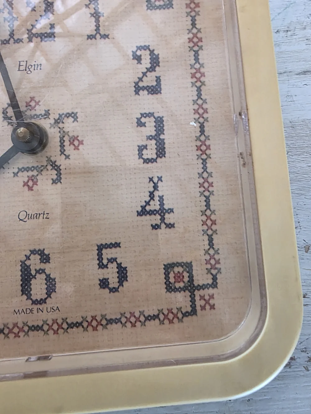 Elgin Cream Square Wall Clock with Cross-Stitch Dial